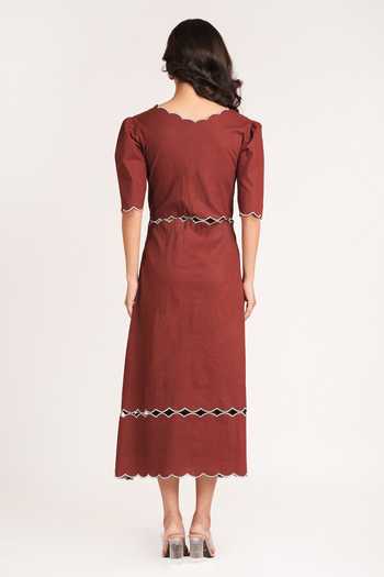 Shop 9899 Brown Cotton Scoop Neck Scallop Midi Dress at Aza Fashions Shop_9899_Brown Cotton Scoop Neck Scallop Midi Dress _at_Aza_Fashions