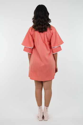 Shop 9899 Coral Cotton Collared Neck Double Sleeve Dress at Aza Fashions Shop_9899_Coral Cotton Collared Neck Double Sleeve Dress _at_Aza_Fashions