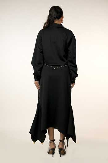 Shop 9899 Black Suede Mandarin Collar Embellished Shirt And Midi Skirt Co-ord Set at Aza Fashions Shop_9899_Black Suede Mandarin Collar Embellished Shirt And Midi Skirt Co-ord Set _at_Aza_Fashions