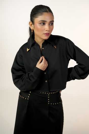 9899 Black Suede Mandarin Collar Embellished Shirt And Midi Skirt Co-ord Set Online at Aza Fashions 9899_Black Suede Mandarin Collar Embellished Shirt And Midi Skirt Co-ord Set _Online_at_Aza_Fashions