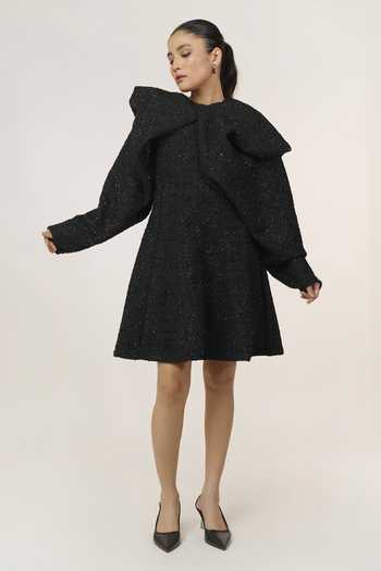 9899 Black Tweed High Neck Exaggerated Sleeve Dress Online at Aza Fashions 9899_Black Tweed High Neck Exaggerated Sleeve Dress _Online_at_Aza_Fashions