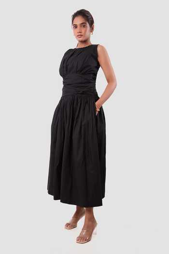 9899 Black Cotton Crew Neck Knotted Gathered Dress Online at Aza Fashions 9899_Black Cotton Crew Neck Knotted Gathered Dress _Online_at_Aza_Fashions