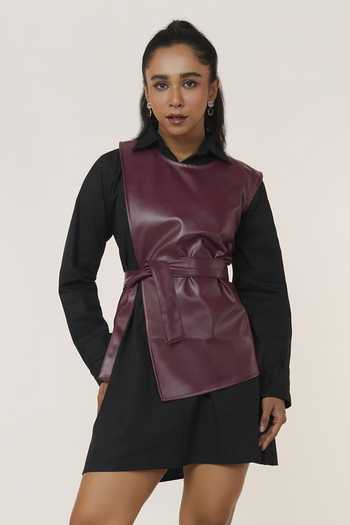Shop 9899 Black Cotton, Leather Collared , Open Vest With Short Dress Online at Aza Fashions Shop_9899_Black Cotton, Leather Collared , Open Vest With Short Dress _Online_at_Aza_Fashions