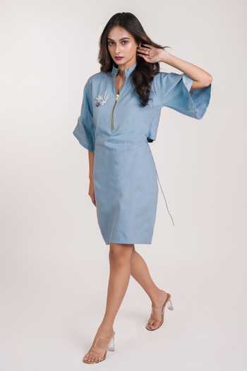 9899_Blue Cotton Mandarin Collar Loose Open Back Dress _Online_at_Aza_Fashions