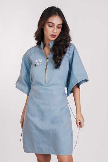Buy_9899_Blue Cotton Mandarin Collar Loose Open Back Dress _Online_at_Aza_Fashions