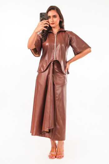 9899 Mocha Leather Top & Draped Skirt Co-ord Set 