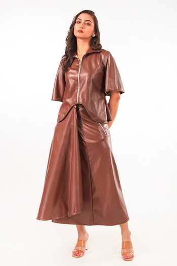 9899_Brown Leather Collared Neck Mocha Top And Draped Skirt Co-ord Set _Online_at_Aza_Fashions