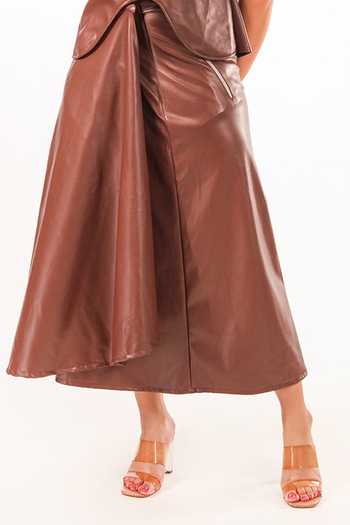 Buy_9899_Brown Leather Collared Neck Mocha Top And Draped Skirt Co-ord Set _Online_at_Aza_Fashions