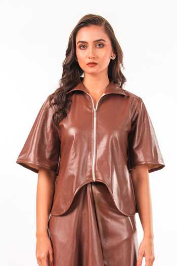 Shop_9899_Brown Leather Collared Neck Mocha Top And Draped Skirt Co-ord Set _Online_at_Aza_Fashions