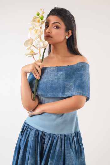 9899 Blue Cotton Off-shoulder Off Printed Dress Online at Aza Fashions 9899_Blue Cotton Off-shoulder Off Printed Dress _Online_at_Aza_Fashions
