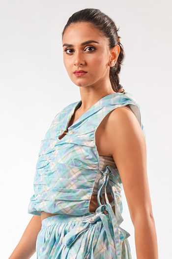 9899 Multi Color Cotton Cowl Neck Pastel Plaid Side Tie-up Top Online at Aza Fashions 9899_Multi Color Cotton Cowl Neck Pastel Plaid Side Tie-up Top _Online_at_Aza_Fashions