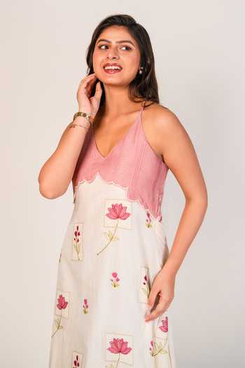 9899_Pink Chanderi V-neck Lotus Dress _Online_at_Aza_Fashions