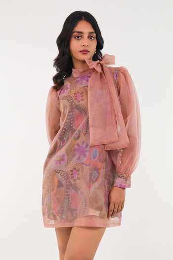9899_Pink Organza High Neck Printed Bow Mini Dress _Online_at_Aza_Fashions