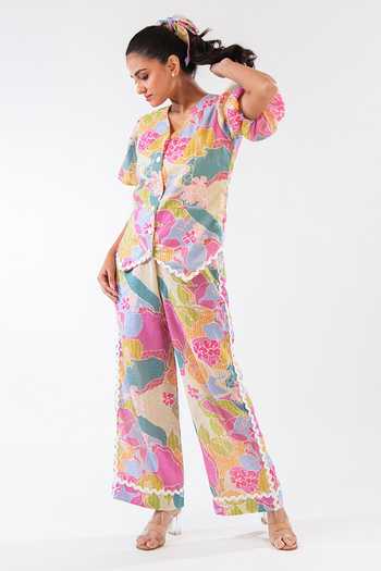 9899_Multi Color Linen V-neck Printed Vest And Pant Co-ord Set _Online_at_Aza_Fashions