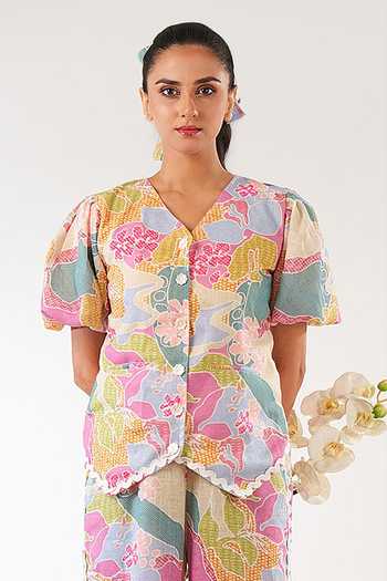 Buy_9899_Multi Color Linen V-neck Printed Vest And Pant Co-ord Set _Online_at_Aza_Fashions