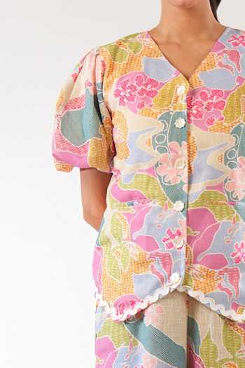 Shop_9899_Multi Color Linen V-neck Printed Vest And Pant Co-ord Set _Online_at_Aza_Fashions