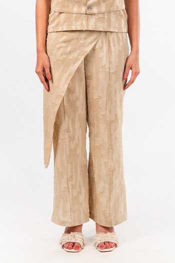 9899_Beige Tweed Round Neck Sable Flap Top And Pant Co-ord Set _Online_at_Aza_Fashions