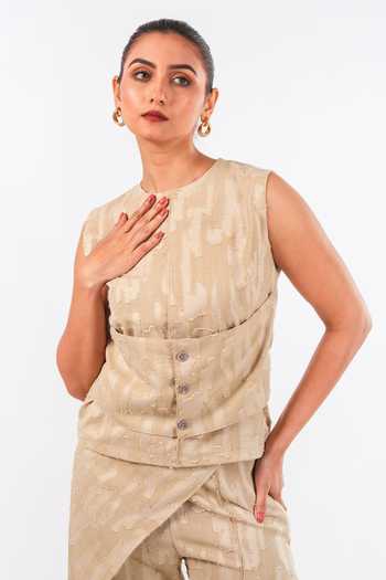 Buy_9899_Beige Tweed Round Neck Sable Flap Top And Pant Co-ord Set _Online_at_Aza_Fashions