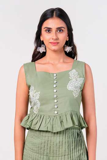 9899_Green Crepe Square Neck Sage Garden Top And Skirt Co-ord Set _Online_at_Aza_Fashions