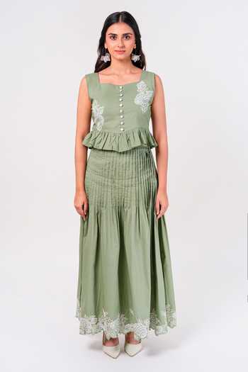 Buy_9899_Green Crepe Square Neck Sage Garden Top And Skirt Co-ord Set _Online_at_Aza_Fashions