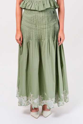 Shop_9899_Green Crepe Square Neck Sage Garden Top And Skirt Co-ord Set _Online_at_Aza_Fashions