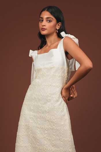 9899 White Net Square Neck Shoulder Tie Midi Dress Online at Aza Fashions 9899_White Net Square Neck Shoulder Tie Midi Dress _Online_at_Aza_Fashions