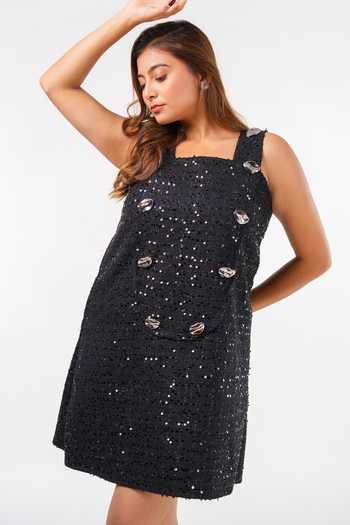 Buy_9899_Black Tweed Square Neck Starlit Dress _Online_at_Aza_Fashions