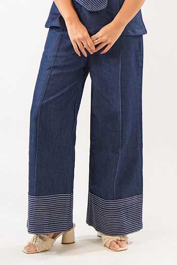Buy_9899_Blue Denim V-neck Stitch Line Top And Pant Co-ord Set _Online_at_Aza_Fashions