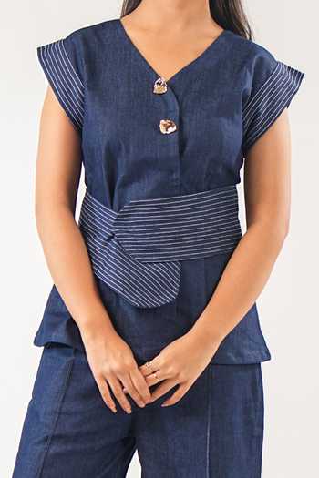 Shop_9899_Blue Denim V-neck Stitch Line Top And Pant Co-ord Set _Online_at_Aza_Fashions