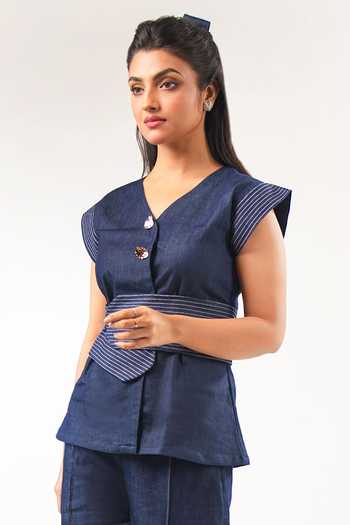 9899 Blue Denim V-neck Stitch Line Top With Belt Online at Aza Fashions 9899_Blue Denim V-neck Stitch Line Top With Belt _Online_at_Aza_Fashions