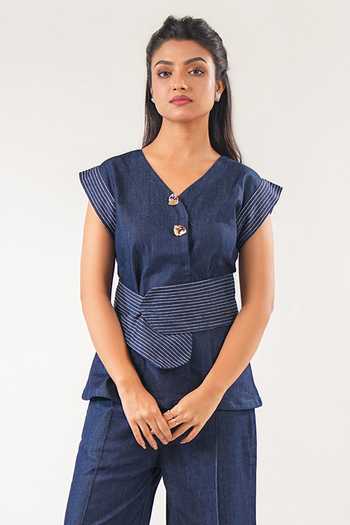 9899 Stitch Line Denim Top With Belt 