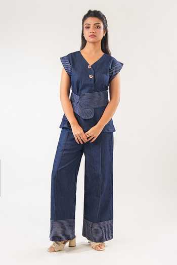 9899 Stitch Line Denim Top With Belt 