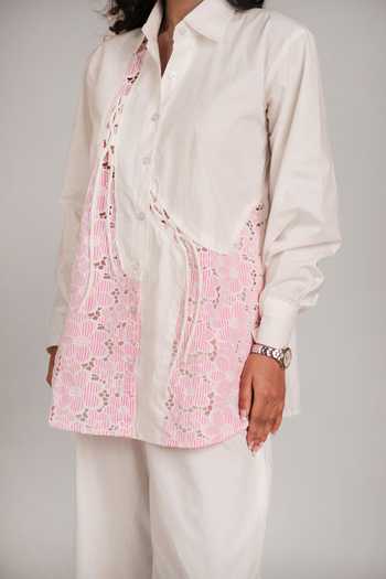 9899_White Cotton Collared Neck Striped Floral Top And Pant Co-ord Set _Online_at_Aza_Fashions