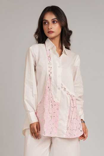 Buy_9899_White Cotton Collared Neck Striped Floral Top And Pant Co-ord Set _Online_at_Aza_Fashions