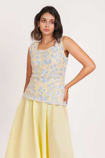 Shop_9899_Blue Cotton Square Neck Summer Bloom Top And Dress Set _Online_at_Aza_Fashions