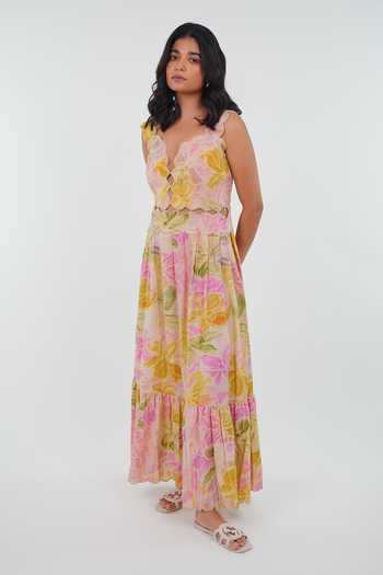 9899_Multi Color Linen V-neck Summer Scallop Printed Dress _Online_at_Aza_Fashions