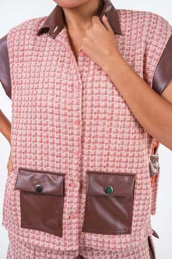 Buy_9899_Pink Tweed Collared Neck Utility Vest And Shorts Co-ord Set _Online_at_Aza_Fashions
