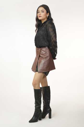 9899_Brown Leather, Georgette Collared Neck Two In One Dress And Skirt Set _Online_at_Aza_Fashions