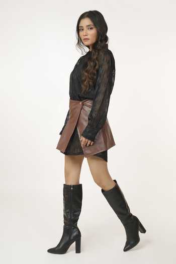 Buy_9899_Brown Leather, Georgette Collared Neck Two In One Dress And Skirt Set _Online_at_Aza_Fashions