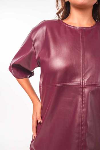 9899_Maroon Leather Round Neck Wine Top And Skirt Co-ord Set _Online_at_Aza_Fashions