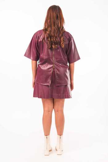 9899 Wine Leather Top & Skirt Co-ord Set 