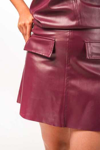 Shop_9899_Maroon Leather Round Neck Wine Top And Skirt Co-ord Set _Online_at_Aza_Fashions
