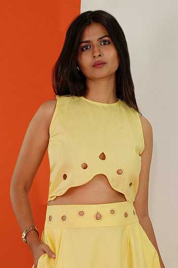 9899_Yellow Cotton Crew Neck Summer Top And Skirt Co-ord Set _Online_at_Aza_Fashions