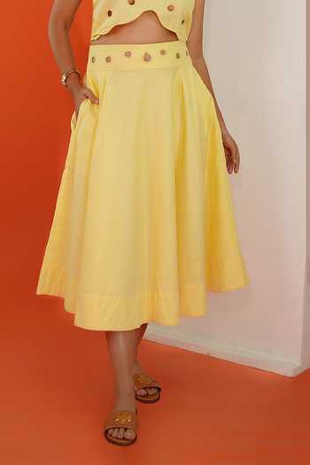 Buy_9899_Yellow Cotton Crew Neck Summer Top And Skirt Co-ord Set _Online_at_Aza_Fashions