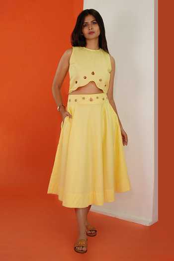 Shop_9899_Yellow Cotton Crew Neck Summer Top And Skirt Co-ord Set _Online_at_Aza_Fashions