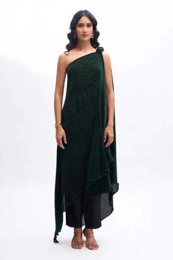Aariyana Couture_Green Georgette One Shoulder Draped Kaftan _Online_at_Aza_Fashions