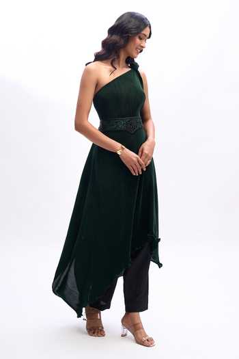 Buy_Aariyana Couture_Green Georgette One Shoulder Draped Kaftan _Online_at_Aza_Fashions