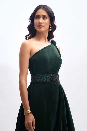 Shop_Aariyana Couture_Green Georgette One Shoulder Draped Kaftan _Online_at_Aza_Fashions