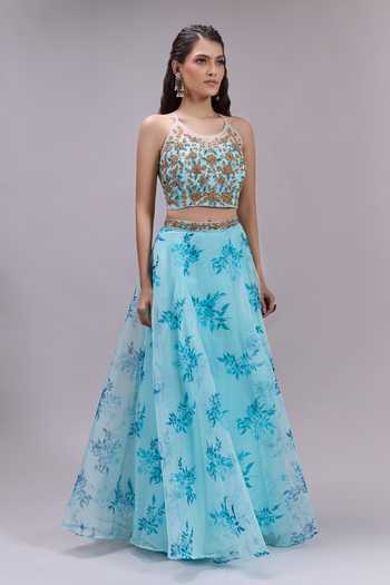 Buy_Khwaab By Sanjana Lakhani_Blue Chiffon Halter Neck Floral Print Lehenga Set 