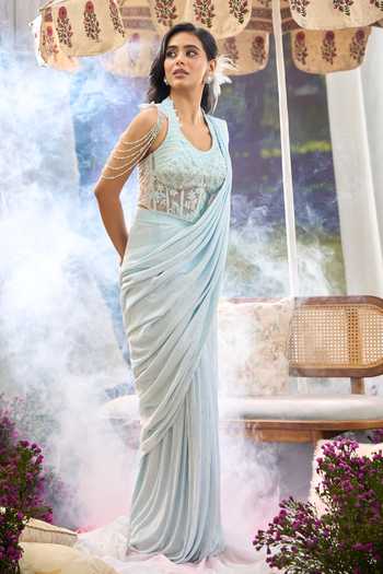 Buy Aariyana Couture Sky Blue Net, Lycra Beads, Pearls Pre-draped Saree With Embroidered Corset Online at Aza Fashions Buy_Aariyana Couture_Sky Blue Net, Lycra Beads, Pearls Pre-draped Saree With Embroidered Corset _Online_at_Aza_Fashions